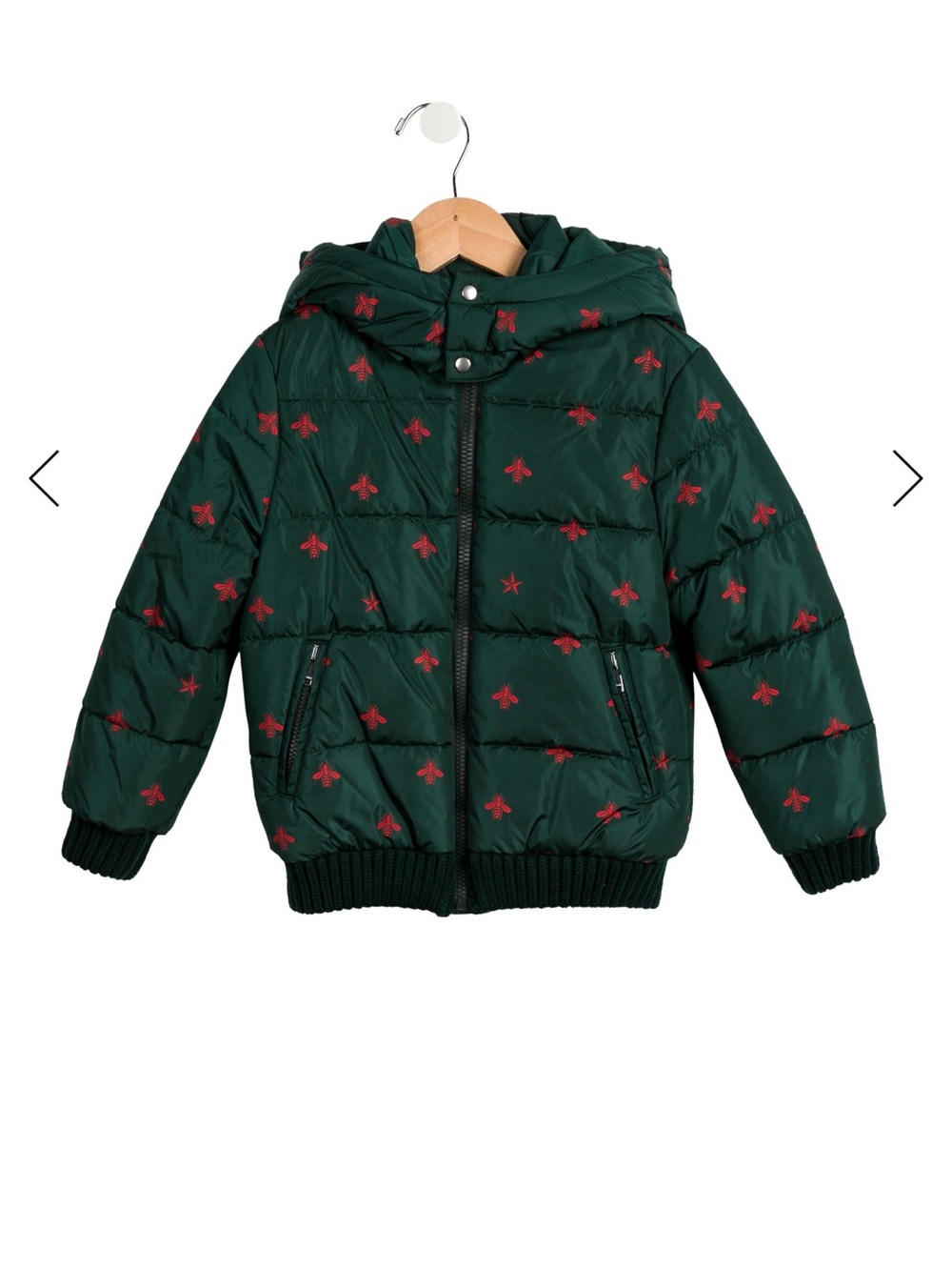 Gucci Boys Hooded Puffer Jacket in Forest Green with Red Bees